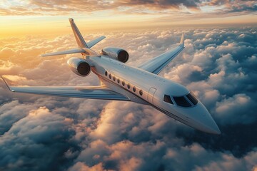 Private Jet Flying Above Clouds at Sunset, Luxury Travel Concept, Aviation Photography, Warm Tones, Business Aviation, Modern Airplane