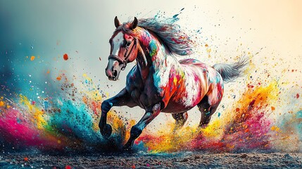 Colorful horse in motion, surrounded by splashes of paint, creating a dynamic visual.
