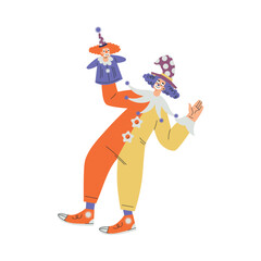 Colorful Man Clown Character with Bright Makeup and Nose Amusing with Doll Vector Illustration