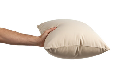 Isolated Hand Holding Beige Pillow