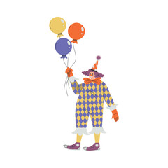 Colorful Man Clown Character with Bright Makeup and Nose Amusing with Balloon Vector Illustration