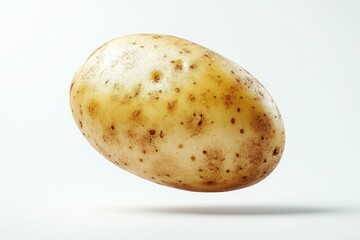Floating Potato Photograph: Single Raw Potato in Mid-Air on White Background for Food, Cooking, and Healthy Eating Concepts.