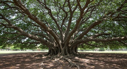 Fototapeta premium Majestic Banyan Tree in a Park - A large, sprawling banyan tree dominates a park scene, its massive roots and wide branches creating a shaded haven