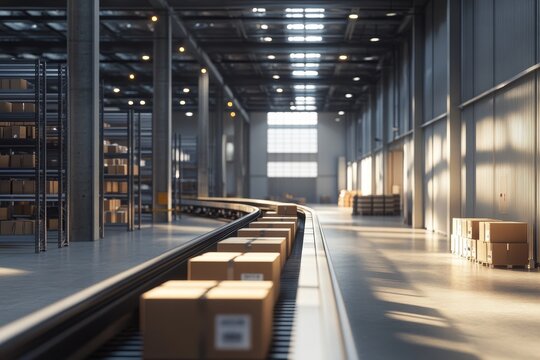 Modern logistics warehouse interior with conveyor belt and moving cardboard boxes.