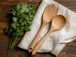 Discover a rustic culinary vibe with this captivating flat lay image showcasing natural kitchen tools See wooden textures complemented by a soft linen towel, accented with fresh herbs Elevate your