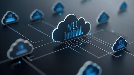 A digital representation of interconnected cloud computing icons showcasing data flow and technology.