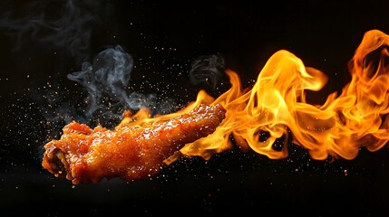 Culinary Inferno: A single, appetizing chicken wing seemingly dances amidst a blazing fire, juxtaposed with the gentle wisps of steam, presenting a captivating interplay of heat and flavor.