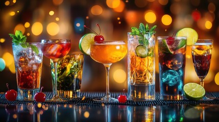 A Rainbow of Refreshment: A tantalizing array of expertly crafted cocktails beckons, each a vibrant symphony of colors, flavors, and garnishes, shimmering against a backdrop of blurred lights.