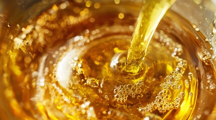 A close up of vinaigrette dressing mixing with olive oil, the separation of ingredients visible in a glass