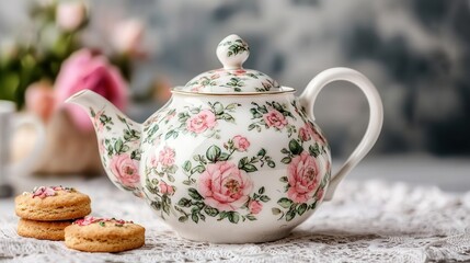 A charming floral teapot accompanied by delicate cookies, set against a softly blurred background, evoking a cozy tea time atmosphere.