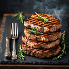 Perfectly grilled beef steaks with rosemary garnish. 