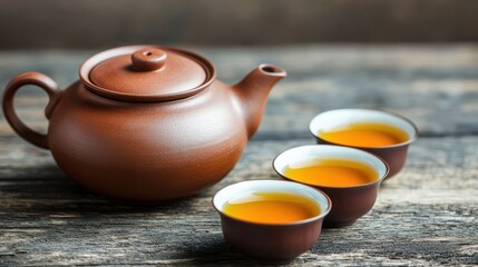 A traditional teapot with three cups filled with amber tea, set against a rustic wooden background, creating a warm and inviting atmosphere.