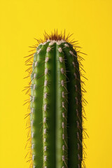 Naklejka premium A vibrant green cactus with sharp spines is strikingly set against a solid yellow backdrop.