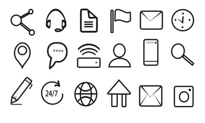 Collection of contact icons. Contact icon vector. Home, location, call, email, address, globe, chat, message, post, mail, phone, information, support, search, website, icon. Vector Illustration. PNG