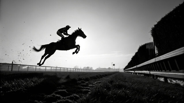 Dramatic black and white silhouette of jockey and horse mid-jump over steeplechase hurdle at sunrise on grassy racetrack with long shadows and flying debris