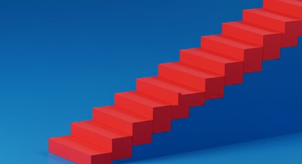 Obraz premium Red Steps to Success - Modern red staircase ascending against a vibrant blue background. Perfect for concepts of growth, ambition, and progress