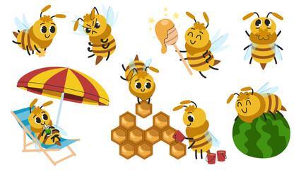 Children's cartoon bees set. Bees work and rest, carry pollen, build honeycombs and make honey. Different poses and emotions. Cute children's characters.