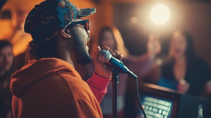 Energetic retro 90s karaoke party scene with friends singing and celebrating