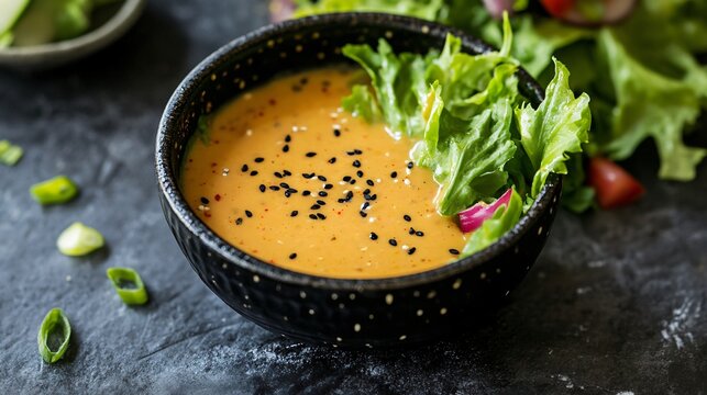Japanese-inspired miso vinaigrette dressing, served in a traditional black lacquer bowl