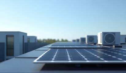Solar Panels on Roof: A modern rooftop showcases rows of photovoltaic panels under a bright blue sky, illustrating the concept of sustainable energy.