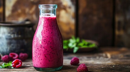 Raspberry vinaigrette dressing in a vintage glass bottle, vibrant pink hue standing out against a rustic wooden backdrop