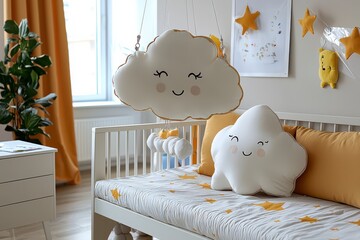 Discover dreamy white-themed Scandinavian kids' room design ideas Explore calming interior inspiration featuring plush cloud mobiles and natural wooden details Create a serene nursery or children's