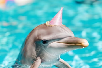 Playful Dolphin Wearing Party Hat in Pool Celebration