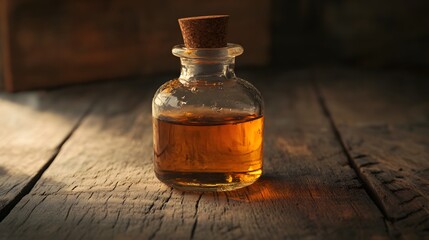 Professional Composition of Glass Bottle Filled with Liquid on Wooden Surface