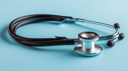 A stethoscope rests on a light blue surface awaiting examination