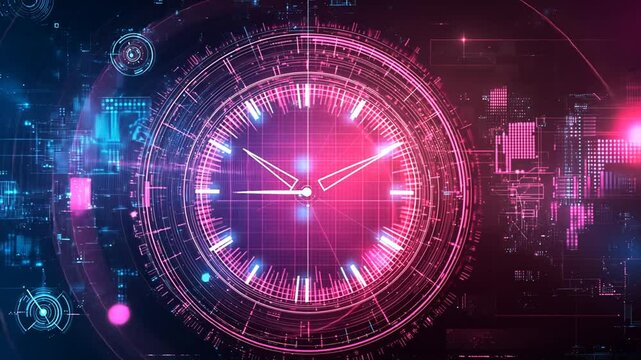 Abstract Digital Clock with Futuristic Elements, Time Management Concept Loop Animation