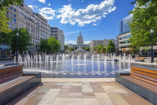 Captivating Downtown Madison, WI: Historic Buildings and the Wisconsin Capitol Against a Vibrant Summer Skyline