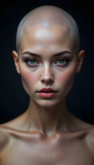 The image is a close-up portrait of a young woman with a shaved head. She has a serious expression on her face and her eyes are looking directly at the camera. Her hair is shaved close to her head and