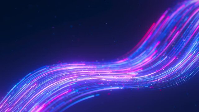 Closeup of Big data light speed flow. Abstract digital data stream of quantum computing. Cyberspace of qubit trail waves. Modern tech information transmission.
