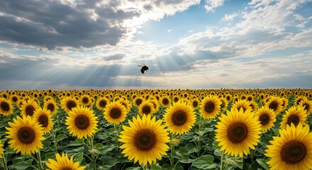 Sunlit Sunflower Field - A vast field of sunflowers basks in the golden sunlight, a single bird silhouetted against the bright sky