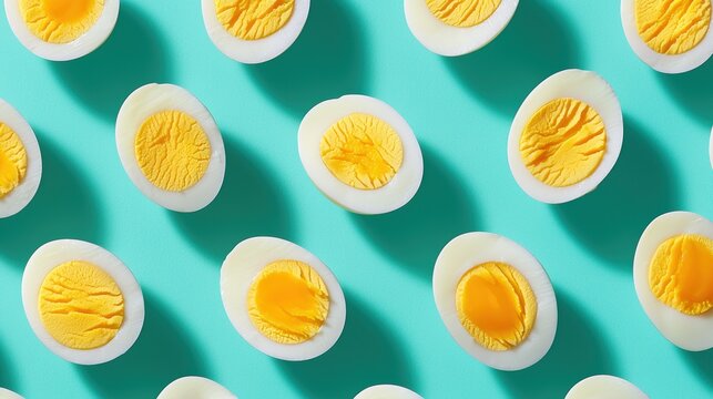 Halved hardboiled eggs with bright yellow yolks on teal background