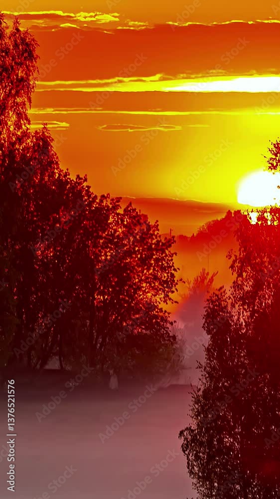 Wall mural vertical view of sun setting against colorful sky. timelapse