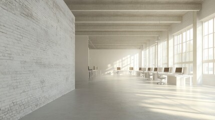 Empty Office Space with White Brick Wall and Natural Light