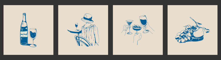 Vector illustration of food and drinks, hand-drawn in ink. Sketch of a girl in a hat at a cafe table, bottle and glasses of wine, fruits. For menus, backgrounds, prints, postcards, posters.