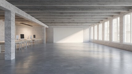 Empty Modern Office Space with Computers, Brick Walls and Concrete Floor