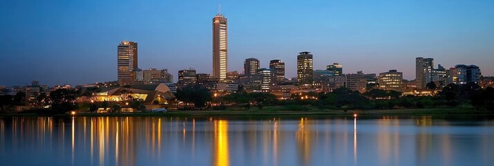 Naklejka premium Johannesburg Night Skyline: Urban Cityscape Illuminated Against the Night Sky