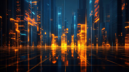 Fototapeta premium Futuristic CGI cityscape at night with neon lights and water reflections