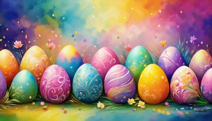 colorful easter eggs, colorful watercolor background