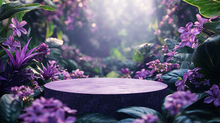Vibrant purple pedestal surrounded by blooming flowers