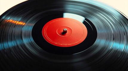 Vinyl vynil record play music vintage. Vinyl record with red label on transparent