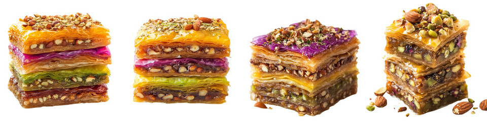 set of A pile of baklava, nuts falling, syrup dripping from the middle of the baklava, a pile of baklava and nuts falling, a pile of baklava, on a transparent backgrounds