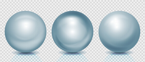 Silver blue 3d balls realistic set, Textured pearl spheres with shining highlights and shadows on transparent background, Vector illustration.