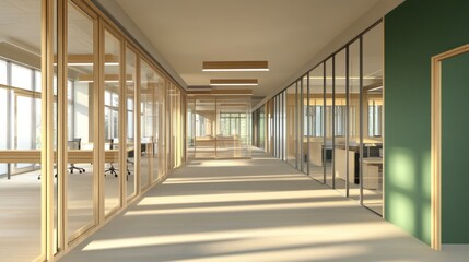 Walking Along an Empty Office Hallway with Light Shining Through Windows