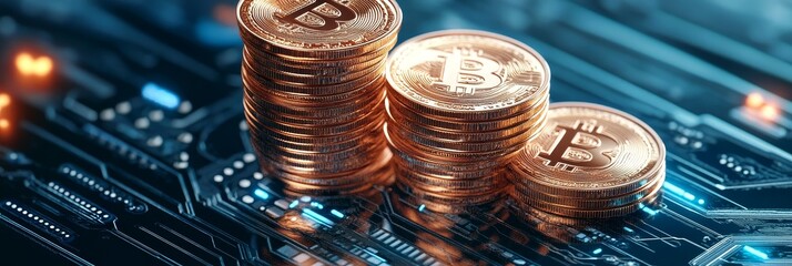Bitcoin Stacks on Circuit Board - Crypto growth, currency, financial technology, wealth accumulation, investment strategy. Symbolizing success, innovation, and future of finance