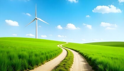 Obraz premium A picturesque landscape featuring a winding dirt road that cuts through a vibrant green field, leading the eye towards a solitary white wind turbine