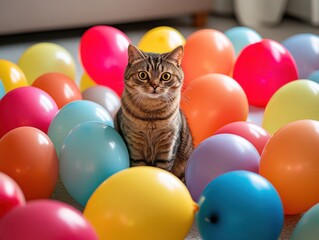 Obraz premium Curious tabby cat surrounded by colorful balloons, creating a vibrant and playful scene